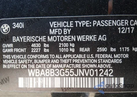 2018 BMW 340I из США, поврежденный, VIN WBA8B3G55JNV01242